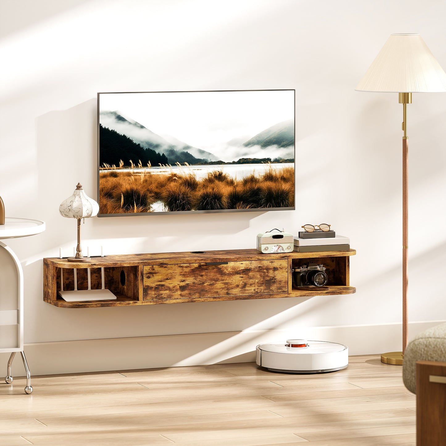 120 cm Floating TV Unit with Flip Drawer and Shelves, Rustic Brown