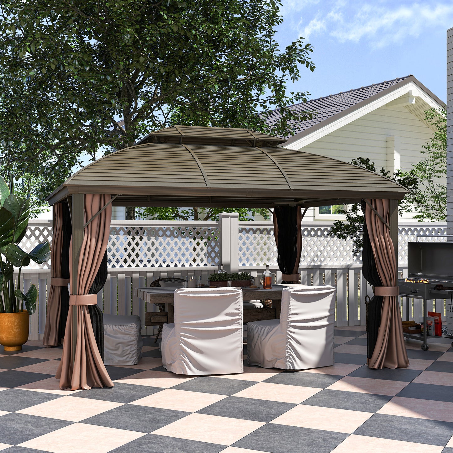 3.65 x 3(m) Aluminium Outdoor Gazebo w/ Hardtop Double Roof, Coffee