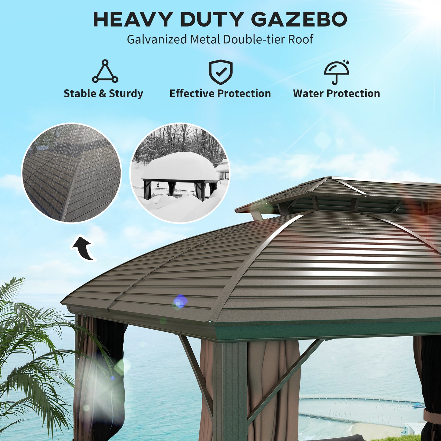 3.65 x 3(m) Aluminium Outdoor Gazebo w/ Hardtop Double Roof, Coffee