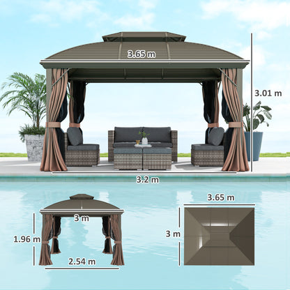 3.65 x 3(m) Aluminium Outdoor Gazebo w/ Hardtop Double Roof, Coffee