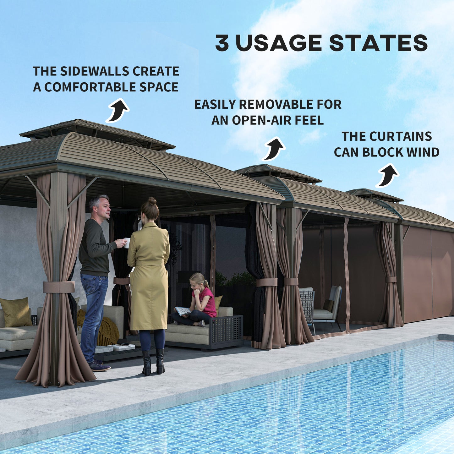 3.65 x 3(m) Aluminium Outdoor Gazebo w/ Hardtop Double Roof, Coffee