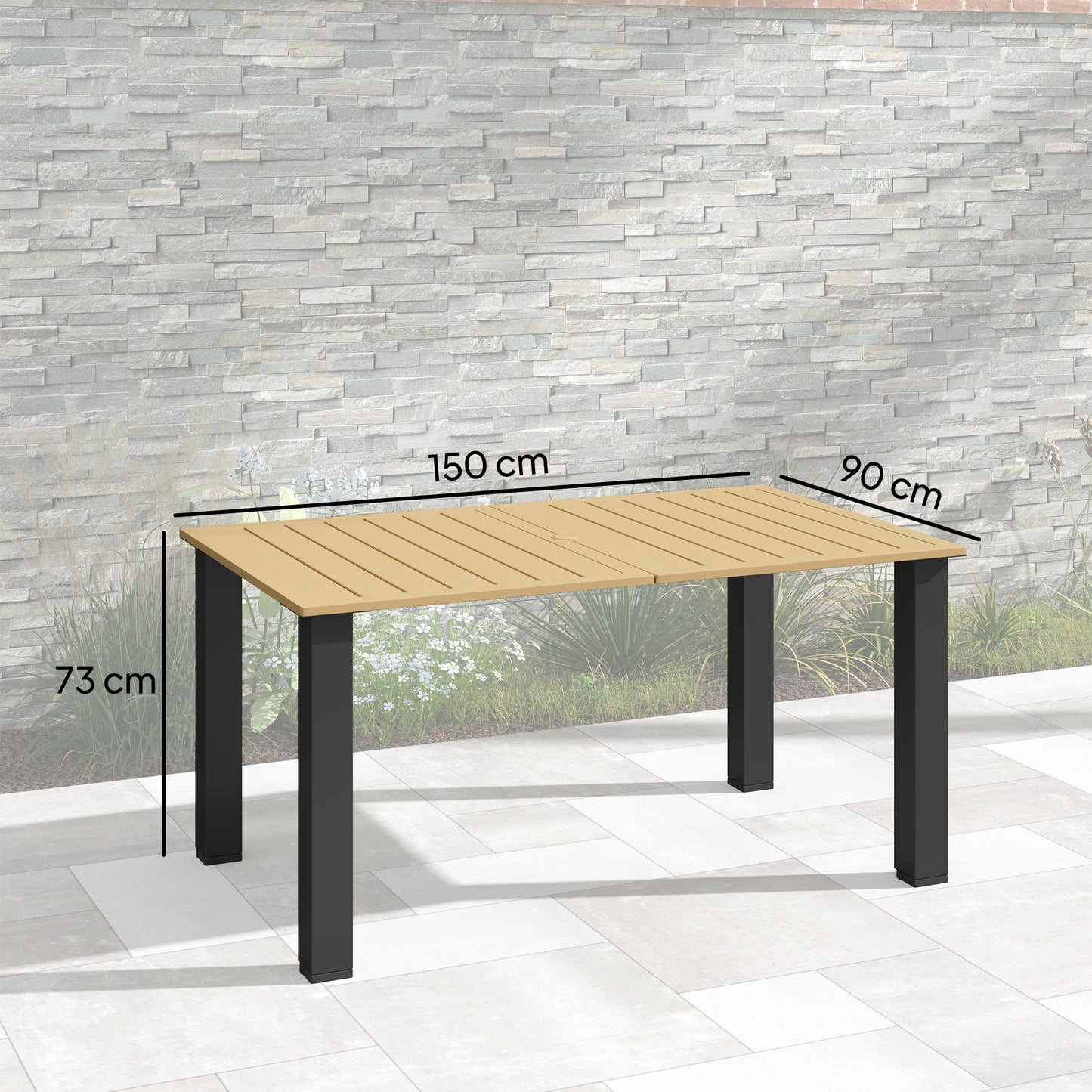 Garden Table with Parasol Hole, Slatted Metal Tabletop, Brown