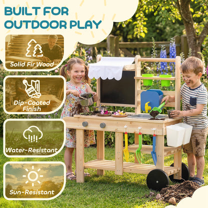 Mud Kitchen with Real Water Faucet Natural Wood