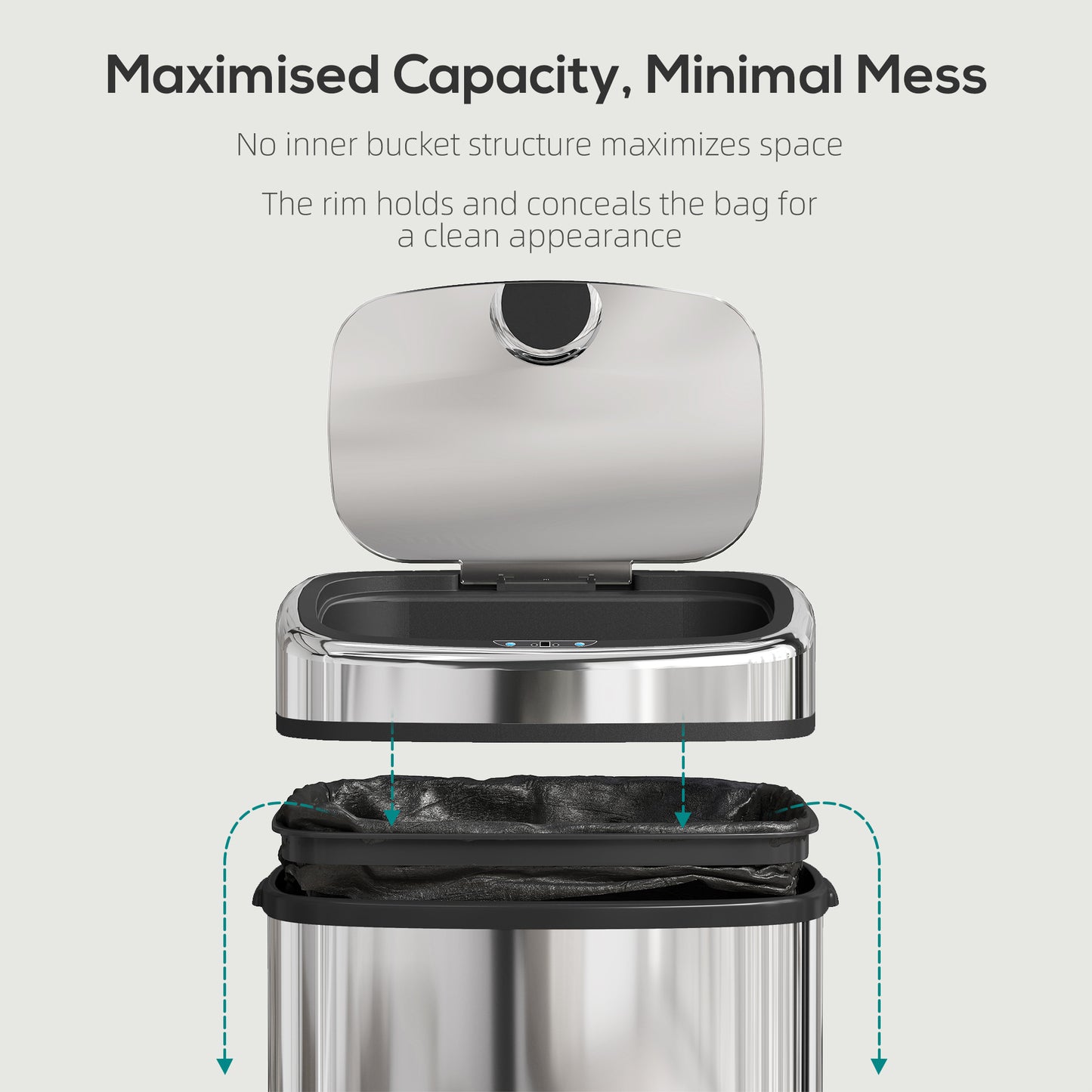 50L Sensor Bin, Stainless Steel Kitchen Bin with Automatic Close