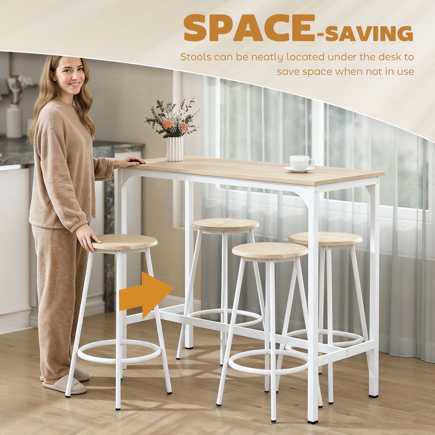 5 Piece Bar Table and Stools Set with Metal Frame Natural Wood