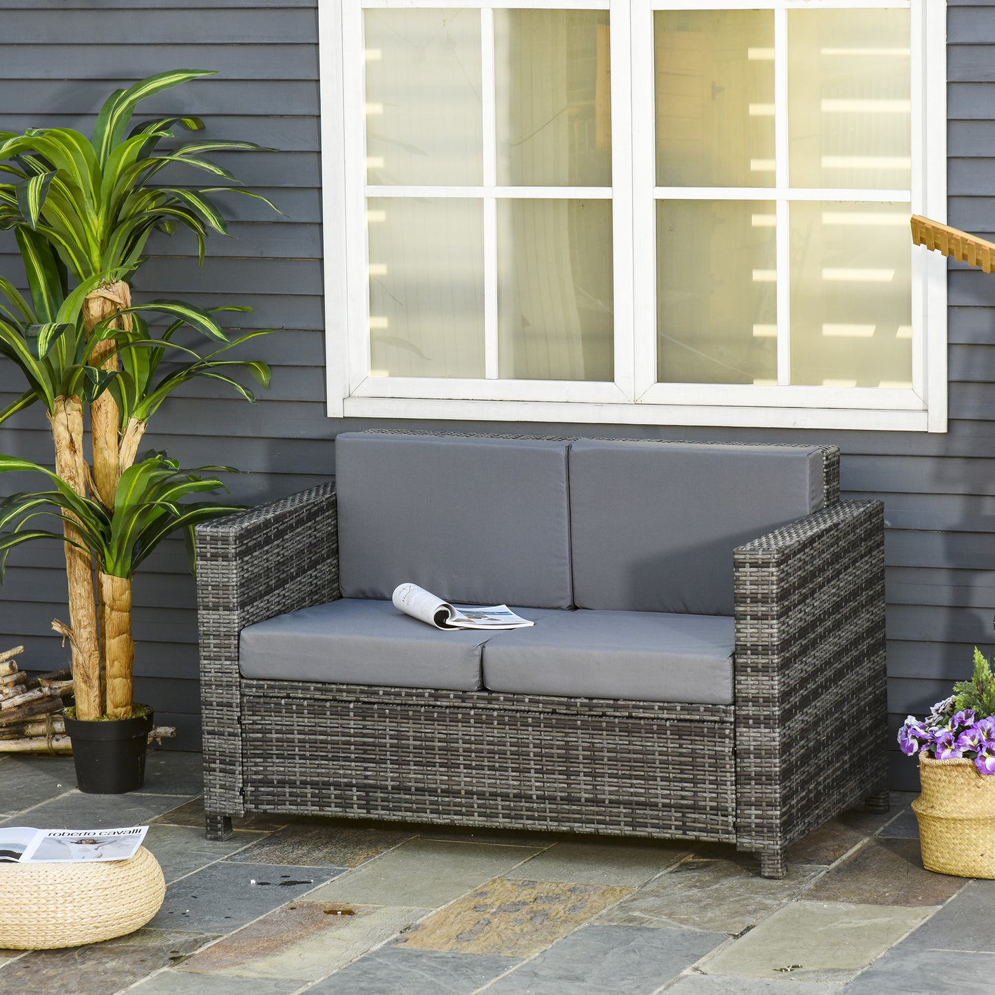 Rattan Wicker 2-seat Sofa Loveseat Padded Garden Furniture Grey