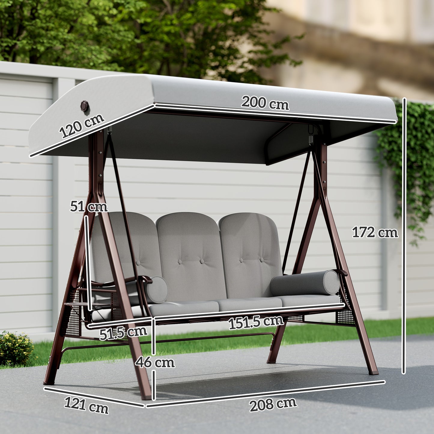 3 Seater Garden Swing Chair, Light Grey