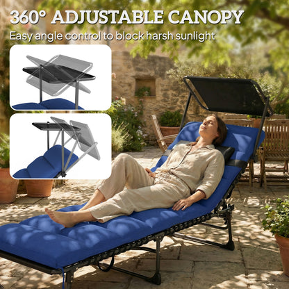 Folding Sun Lounger, Sunbed with Canopy, Dark Blue