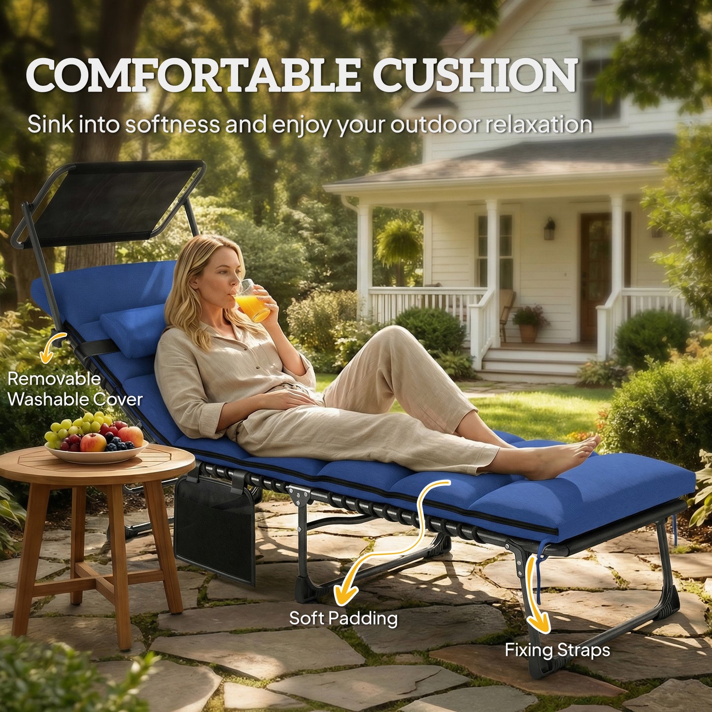 Folding Sun Lounger, Sunbed with Canopy, Dark Blue
