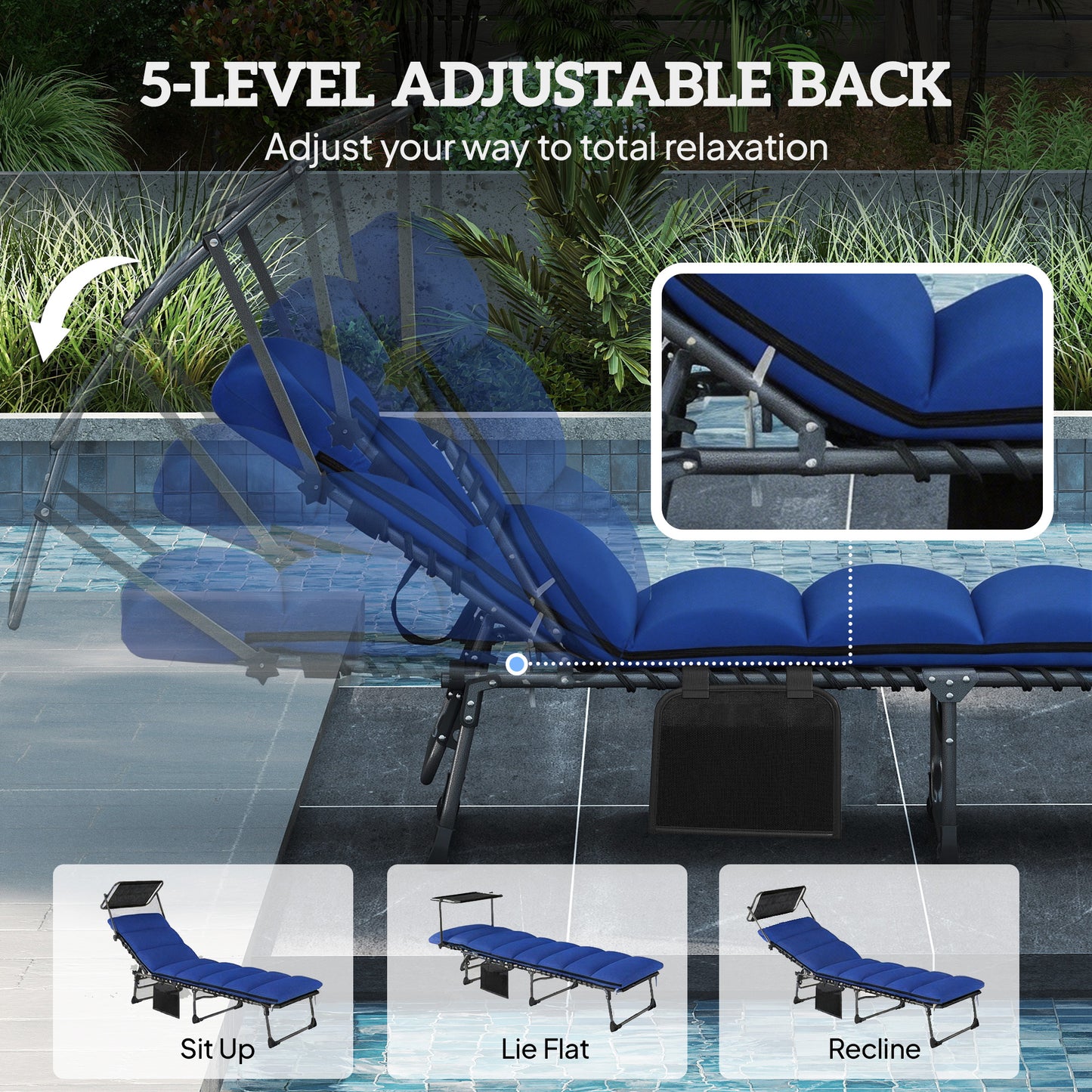 Folding Sun Lounger, Sunbed with Canopy, Dark Blue