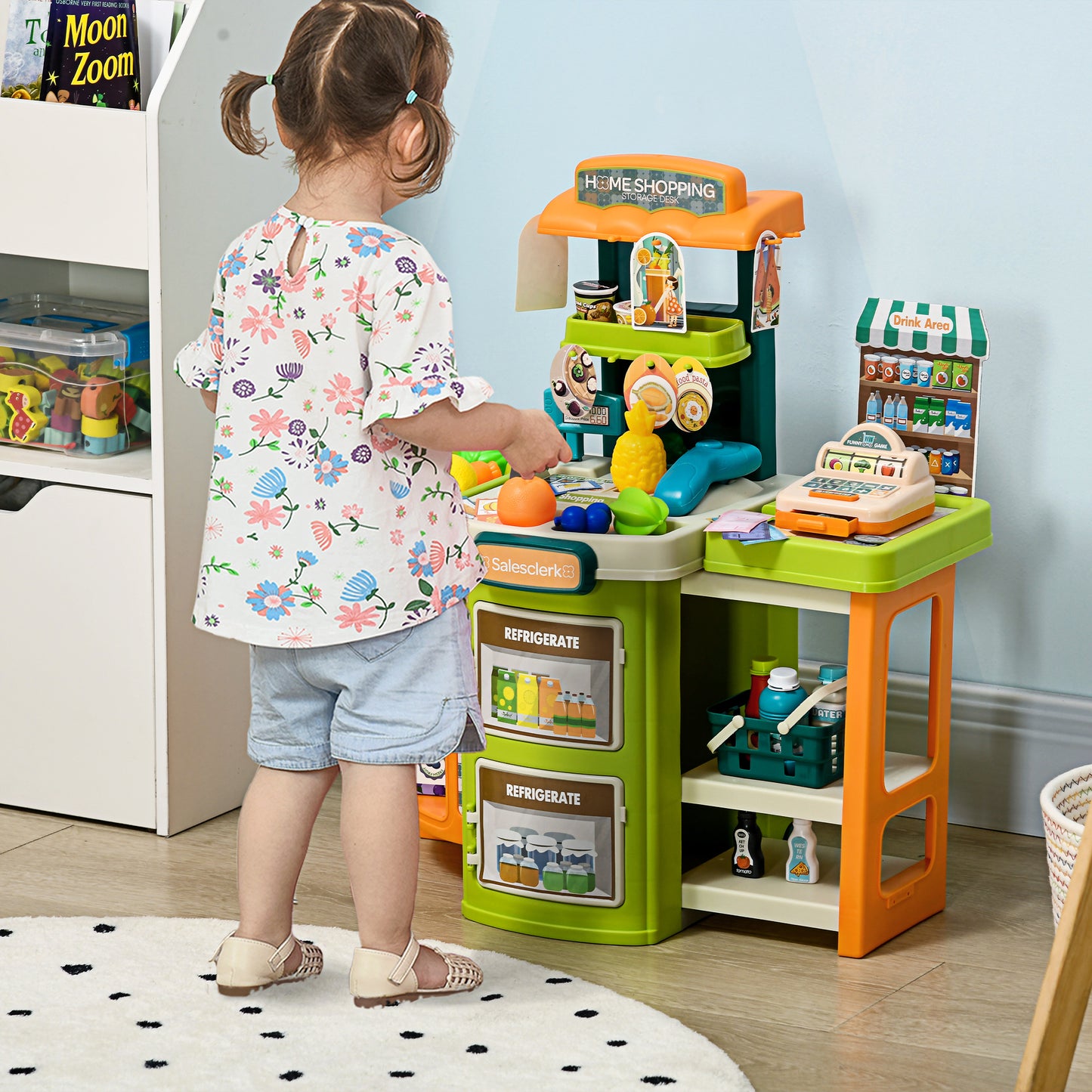 AIYAPLAY Cash Register for Kids Children Trolley, 58 Pcs Foldable Toy Shop Pretend Play Till w/ Scanner, Beverage Food Vegetable, for Kids Aged 3-6