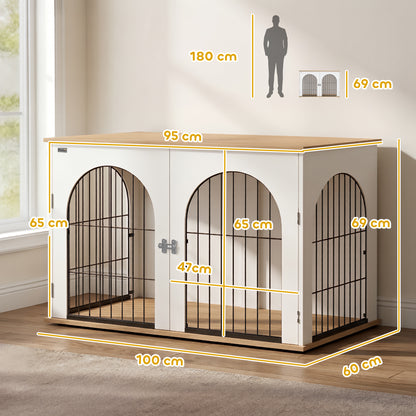 Dog Crate Furniture, Indoor Dog Cage with Double Doors for Large Breeds, Pet Kennel End Side Table with Arched Door Design, 100 x 60 x 69 cm, White