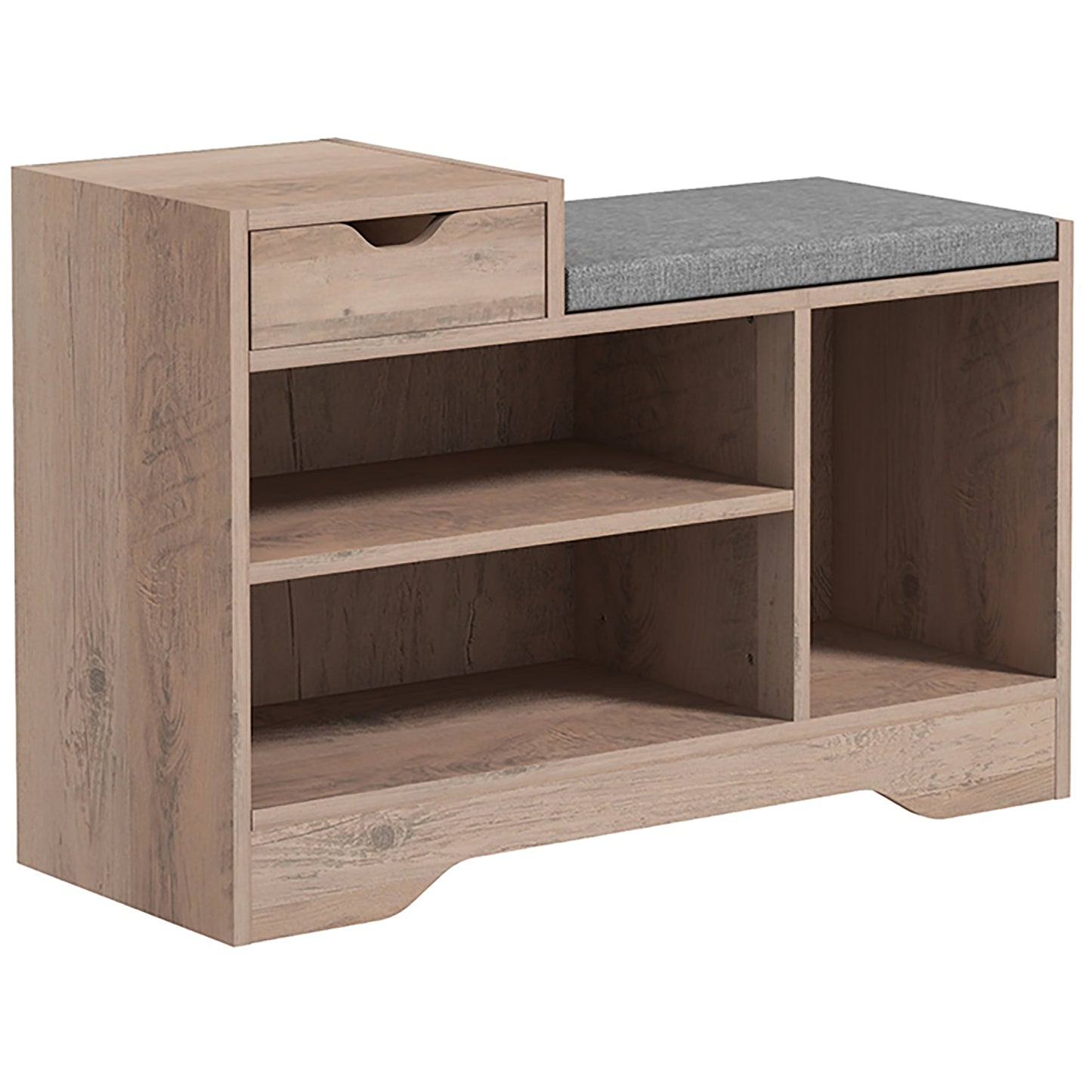 Shoe Storage Bench, Shoe Rack Bench with Seating Cushion, Drawer, 3 Open Compartments and Table Top for Entryway, Hallway, Distressed Grey
