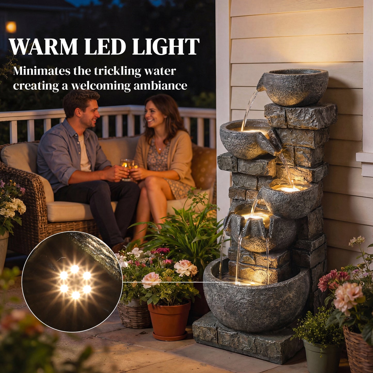 5 Tiers Outdoor Water Fountain with LED Lights for Garden, Mixed