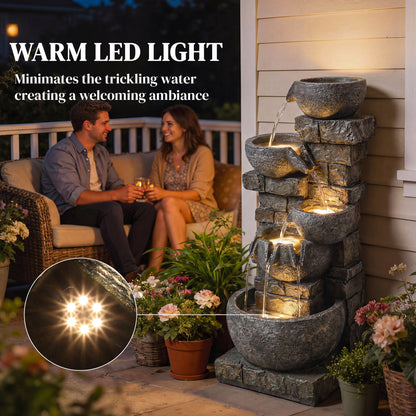 5 Tiers Outdoor Water Fountain with LED Lights for Garden, Mixed
