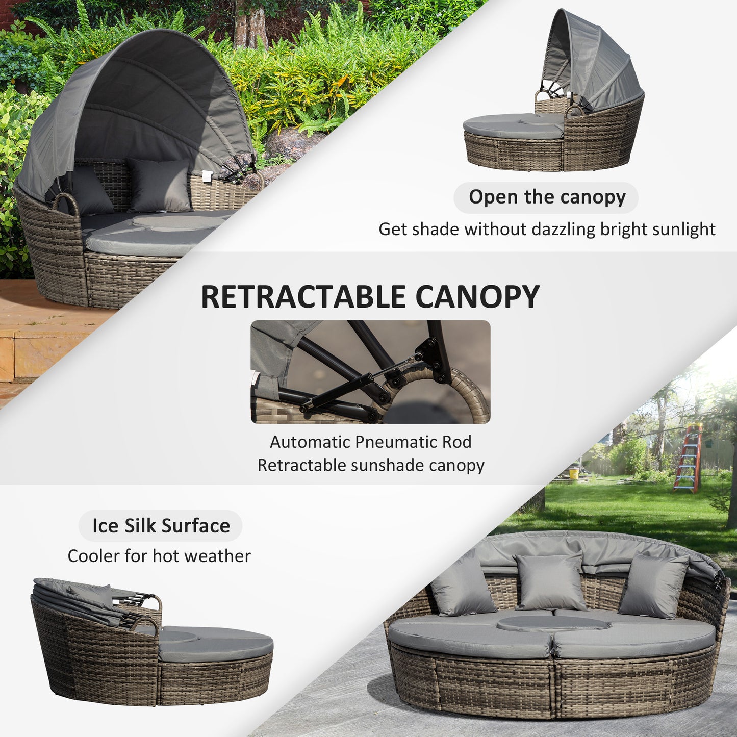5-Seater Rattan Garden Furniture Cushioned Wicker Round with Coffee Table Patio Conversation Furniture Set - Grey
