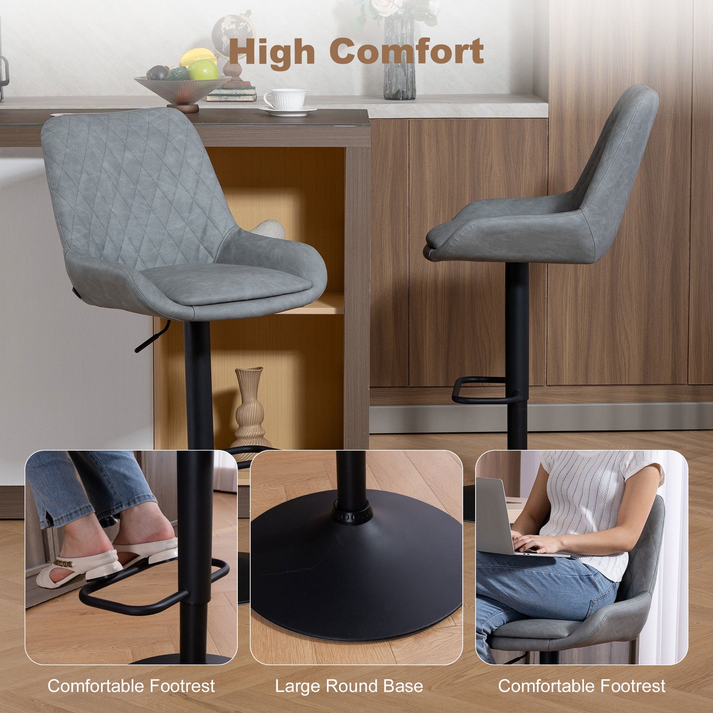 Bar Stools Set of 2, Adjustable Bar Chairs Swivel Light Grey