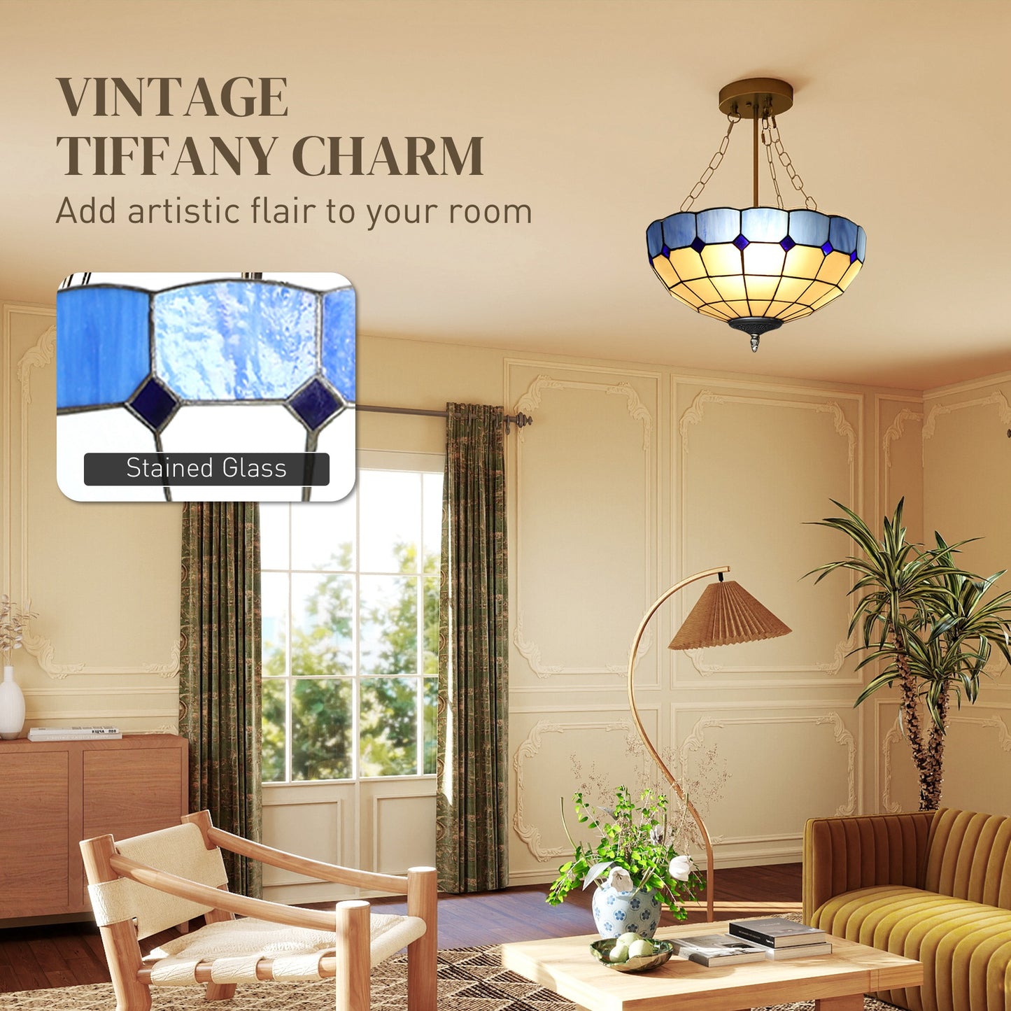 Ceiling Light, Vintage Tiffany Style Chandelier with 3 E27 Sockets
