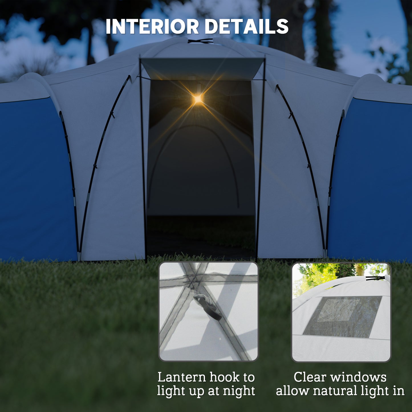 Large Tunnel Tent with 3 Bedroom, Living Area and Porch, Blue