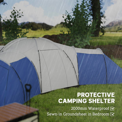 Large Tunnel Tent with 3 Bedroom, Living Area and Porch, Blue