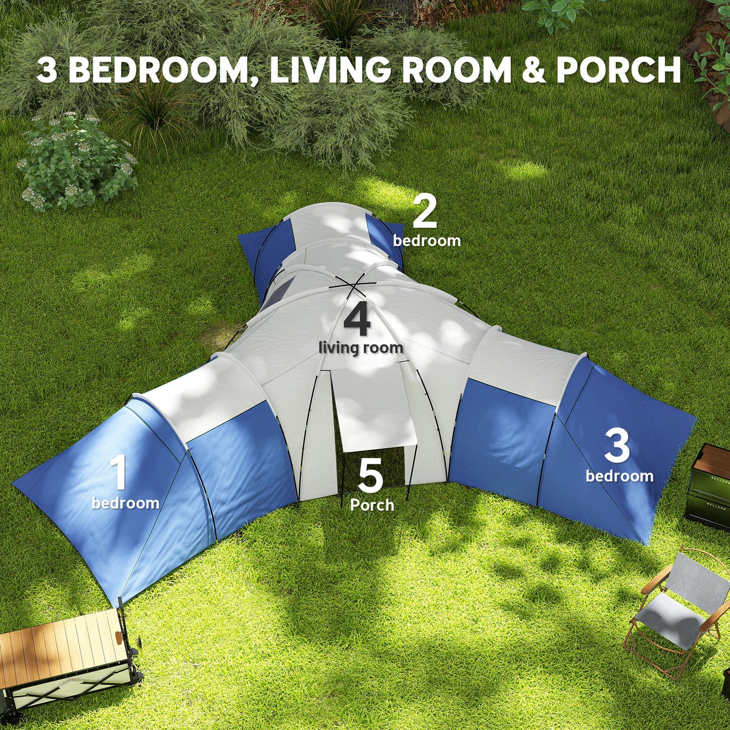 Large Tunnel Tent with 3 Bedroom, Living Area and Porch, Blue