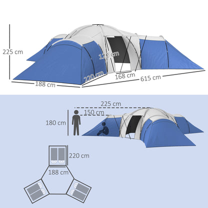 Large Tunnel Tent with 3 Bedroom, Living Area and Porch, Blue