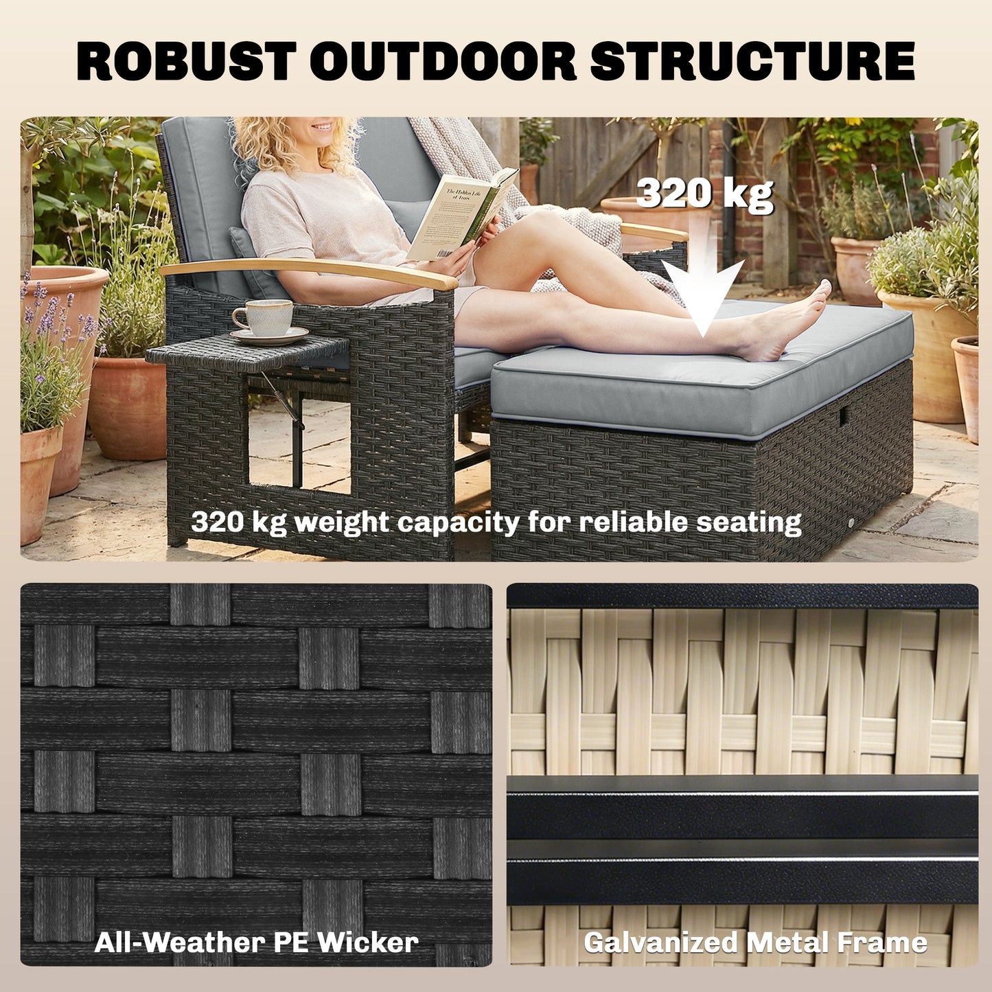 Double Rattan Sunbed Lounger with Storage & Adjustable Backrest – Dark Grey
