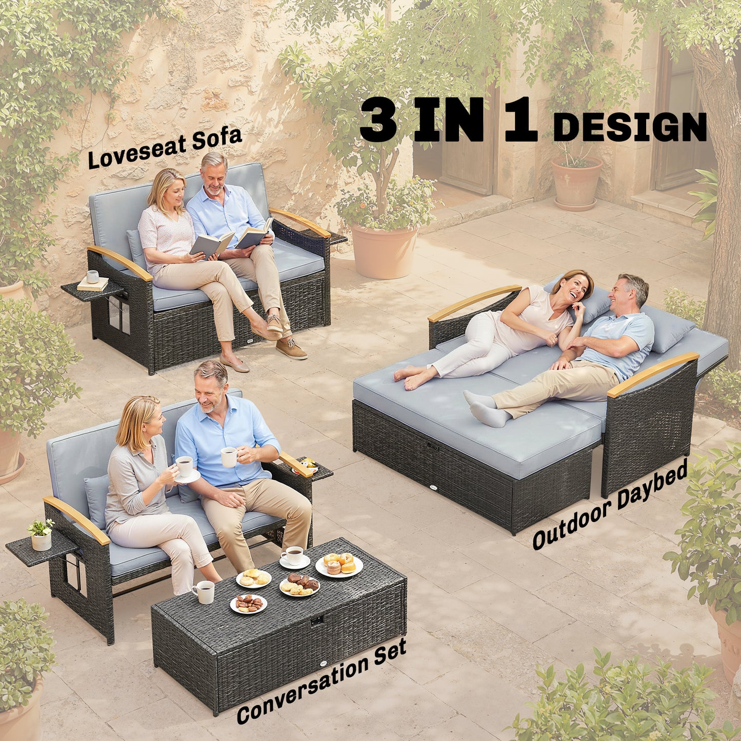 Double Rattan Sunbed Lounger with Storage & Adjustable Backrest – Dark Grey