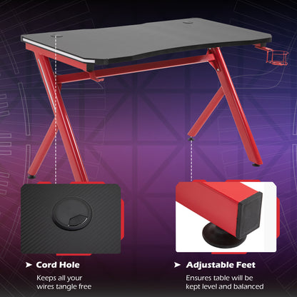 Gaming Desk Computer Table w/ LED Light, Cup Holder Headphone Hook Red