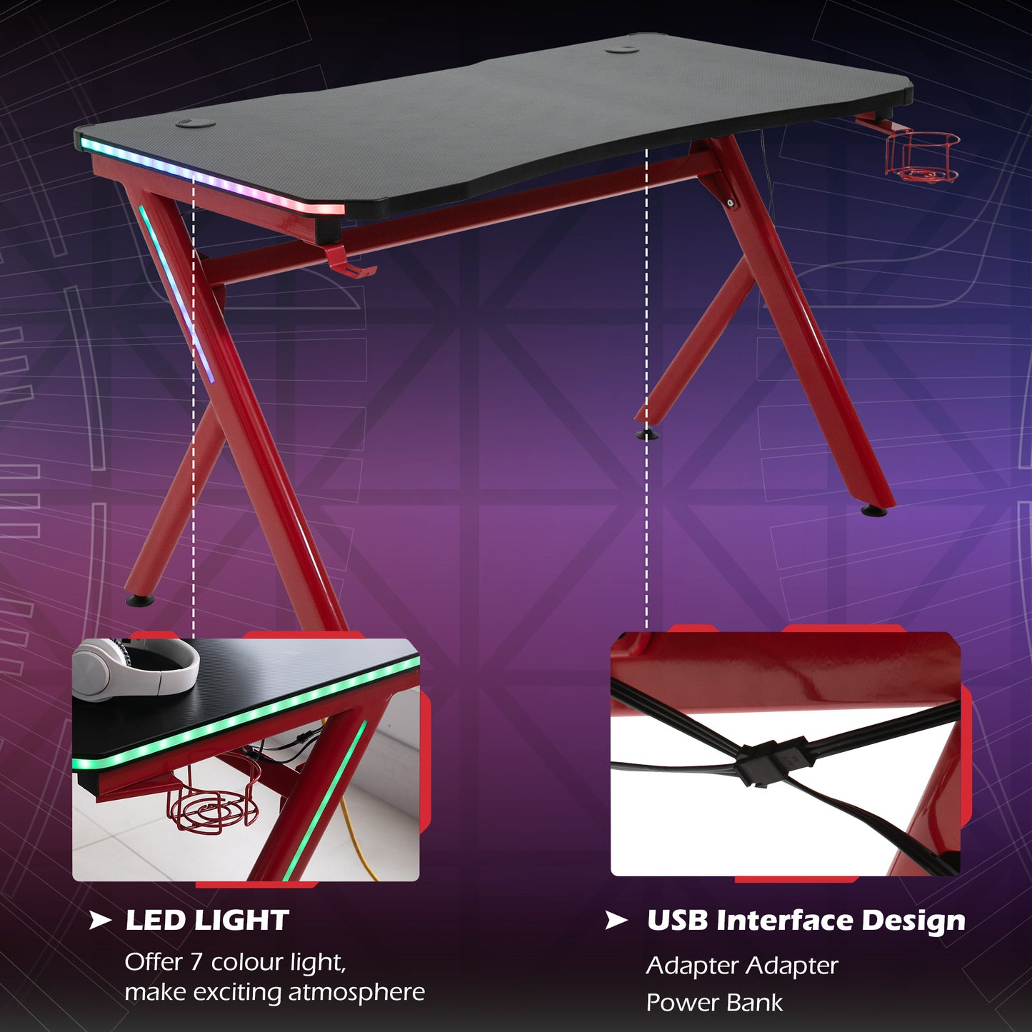 Gaming Desk Computer Table w/ LED Light, Cup Holder Headphone Hook Red
