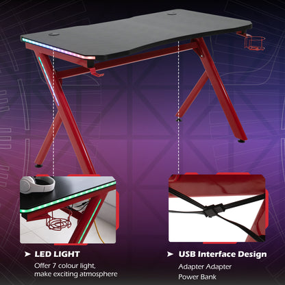 Gaming Desk Computer Table w/ LED Light, Cup Holder Headphone Hook Red