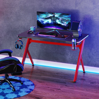 Gaming Desk Computer Table w/ LED Light, Cup Holder Headphone Hook Red