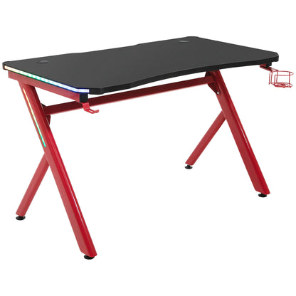 Gaming Desk Computer Table w/ LED Light, Cup Holder Headphone Hook Red