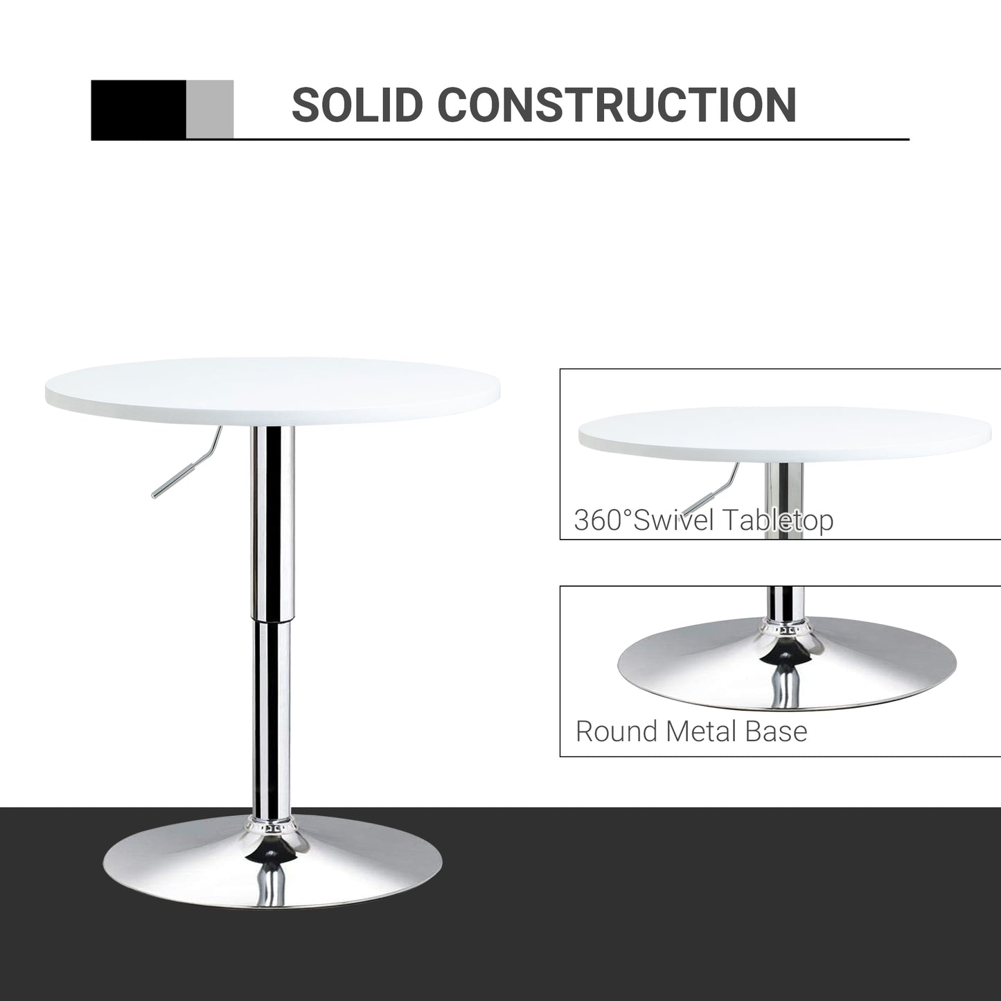 60cm Adjustable Height Round Bar Table with Swivel Top White