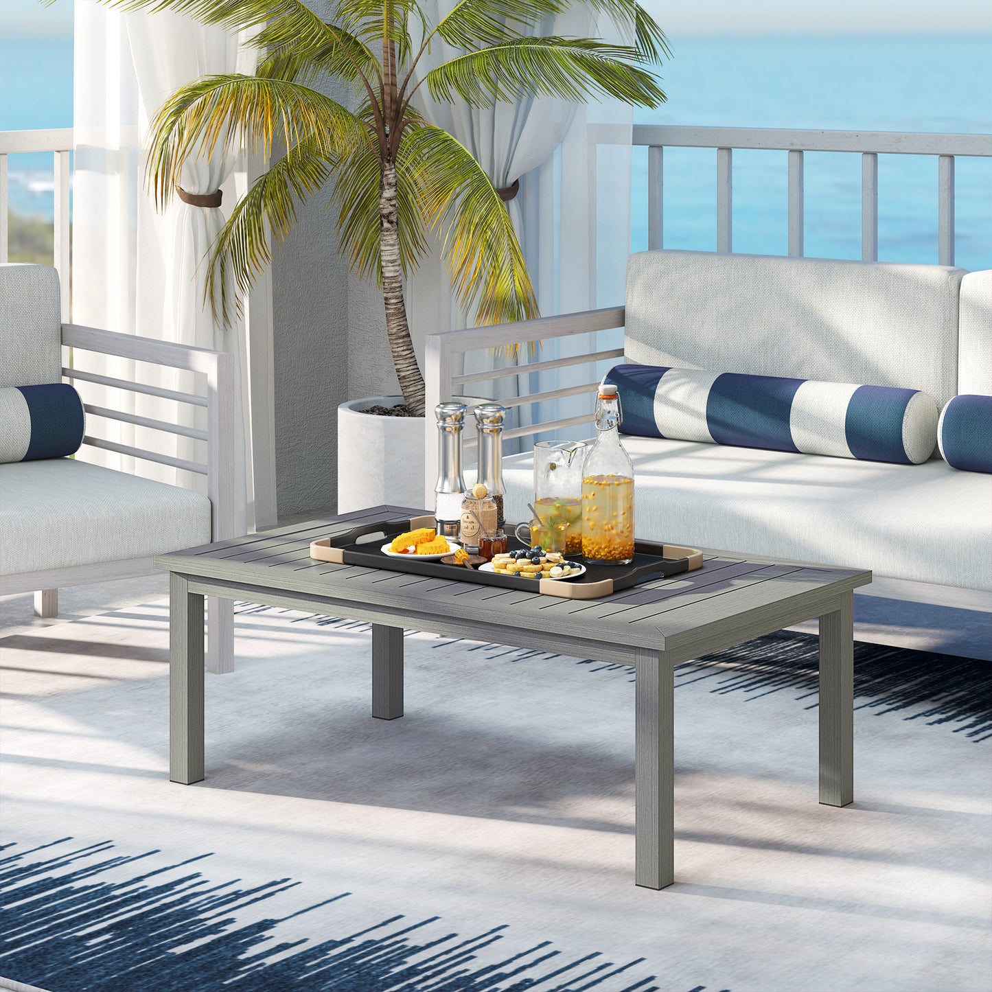 Aluminium Outdoor Coffee Table Patio Table w/ Grey Wood Grain Effect