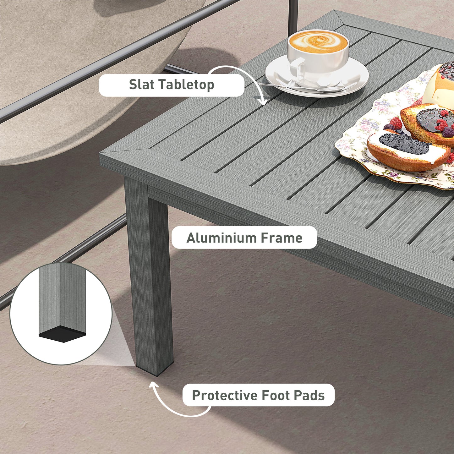 Aluminium Outdoor Coffee Table Patio Table w/ Grey Wood Grain Effect