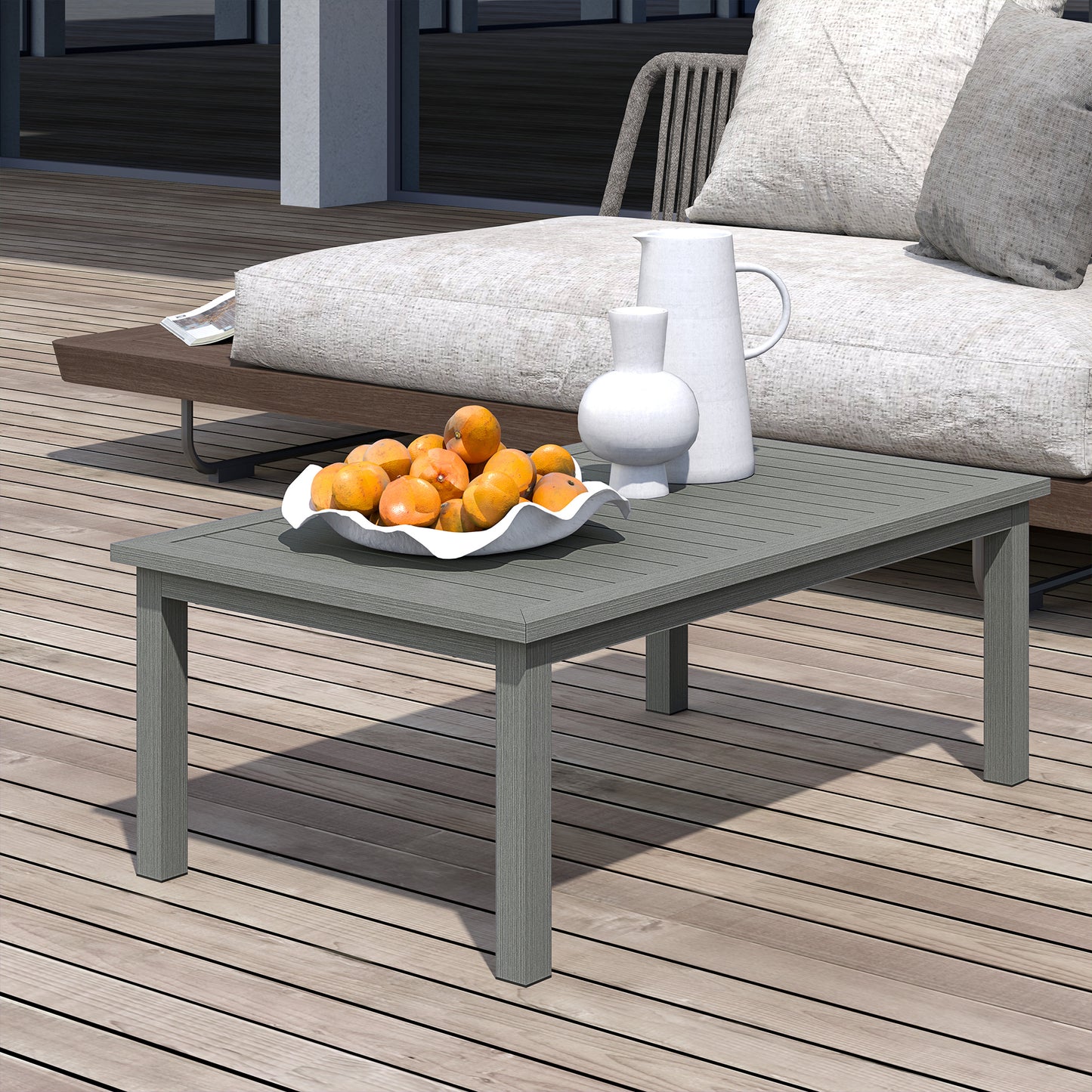Aluminium Outdoor Coffee Table Patio Table w/ Grey Wood Grain Effect