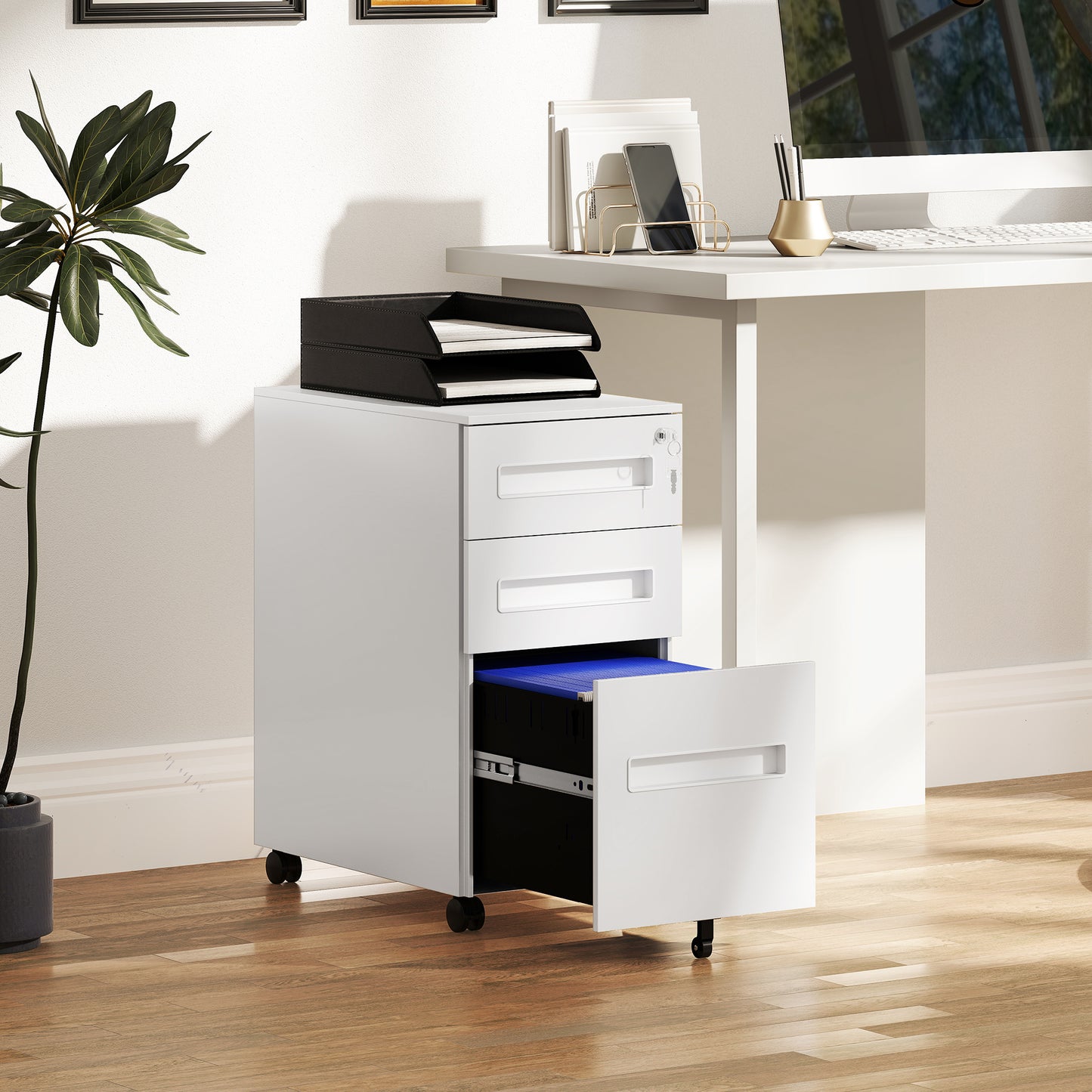 Lockable Mobile Filing Cabinet w/ 3 Drawers 30 x 43.5 x 60 cm White