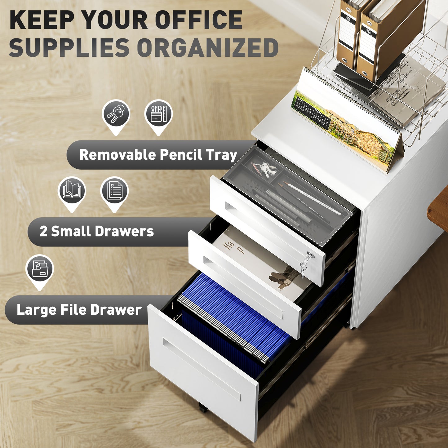 Lockable Mobile Filing Cabinet w/ 3 Drawers 30 x 43.5 x 60 cm White