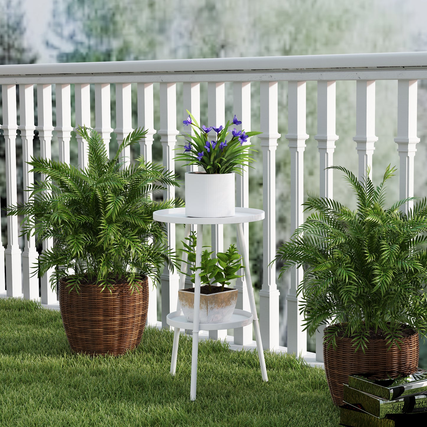 Round Garden Table, 2-Tier Metal Patio Table Coffee Table, White