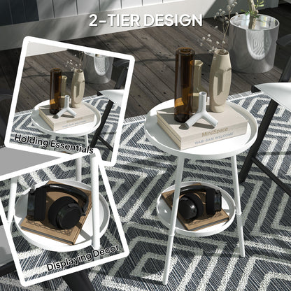 Round Garden Table, 2-Tier Metal Patio Table Coffee Table, White