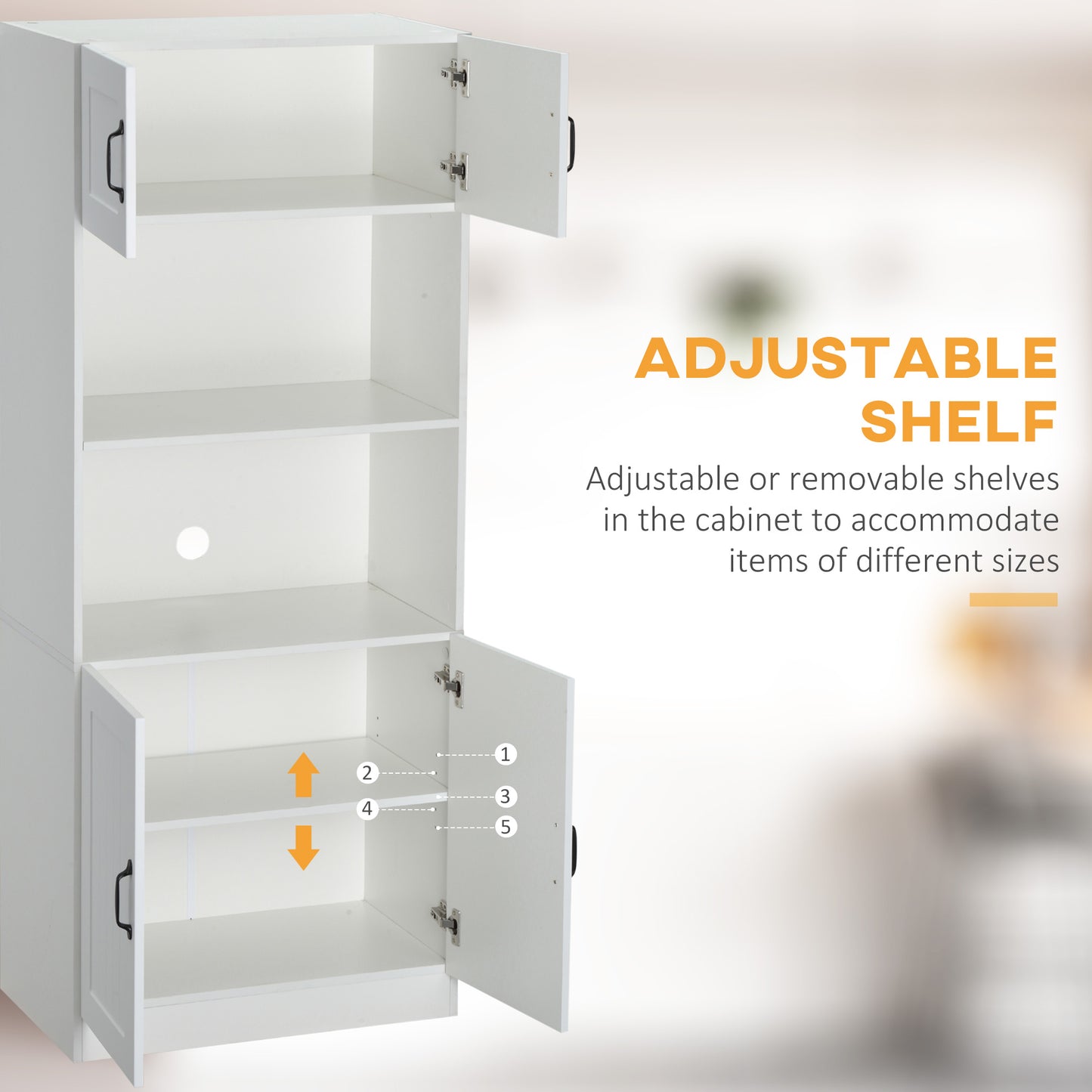 Kitchen Cupboard, 5-Tier Storage Cabinet with Adjustable Bottom Shelf, Open Microwave Countertop, White
