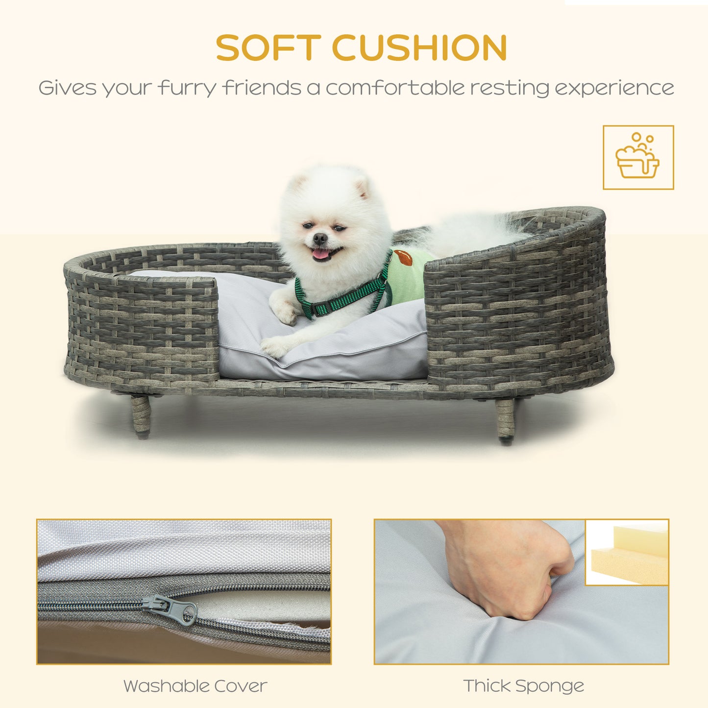Wicker Dog Sofa Bed w/ Soft Water-resistant Cushion for Medium Small Dogs