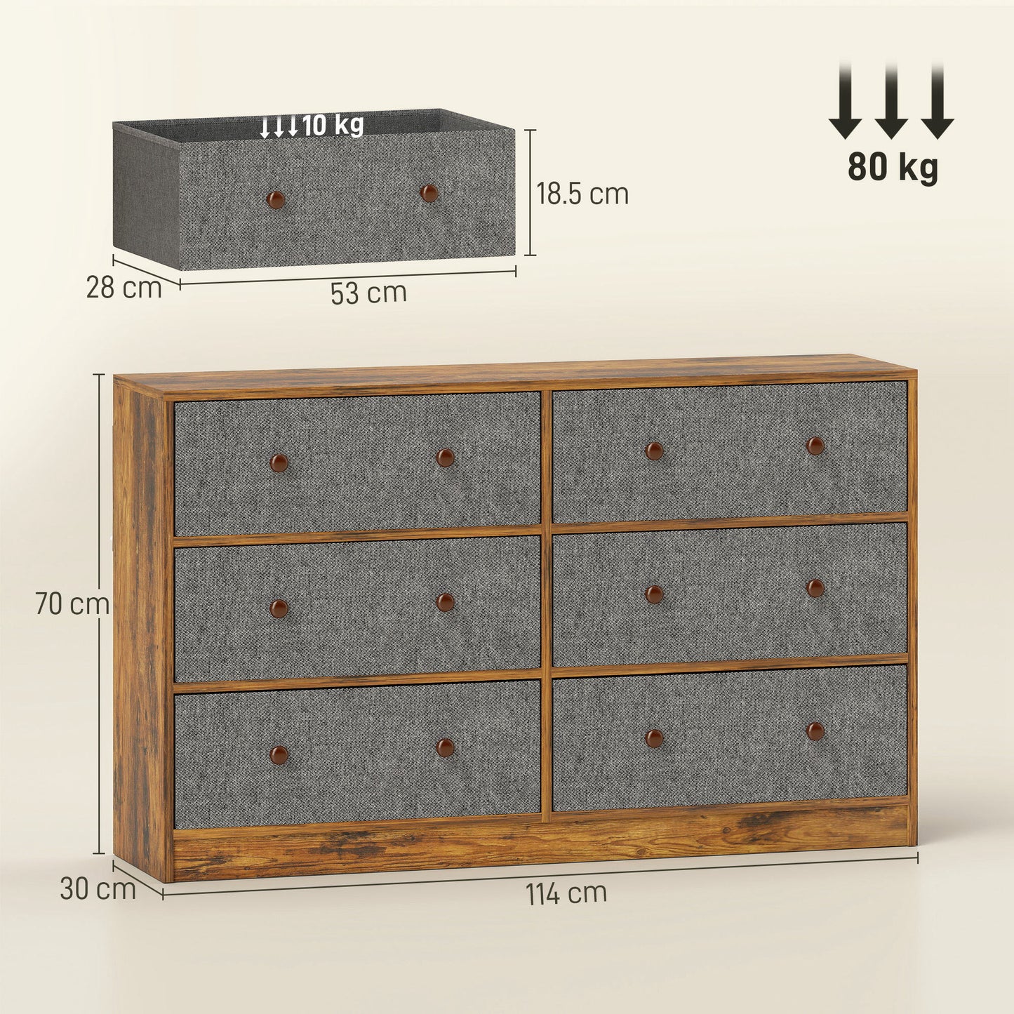 Chest of Drawers, 6 Drawer Dresser for Bedroom, Grey and Rustic Brown