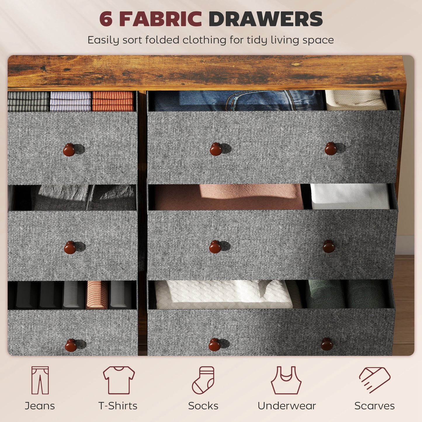 Chest of Drawers, 6 Drawer Dresser for Bedroom, Grey and Rustic Brown