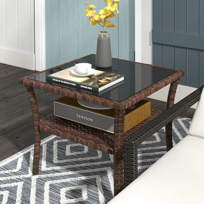 50cm Outdoor PE Rattan Coffee Table, Patio Wicker Two-tier Side Table with Glass Top, for Patio, Garden, Balcony, Brown