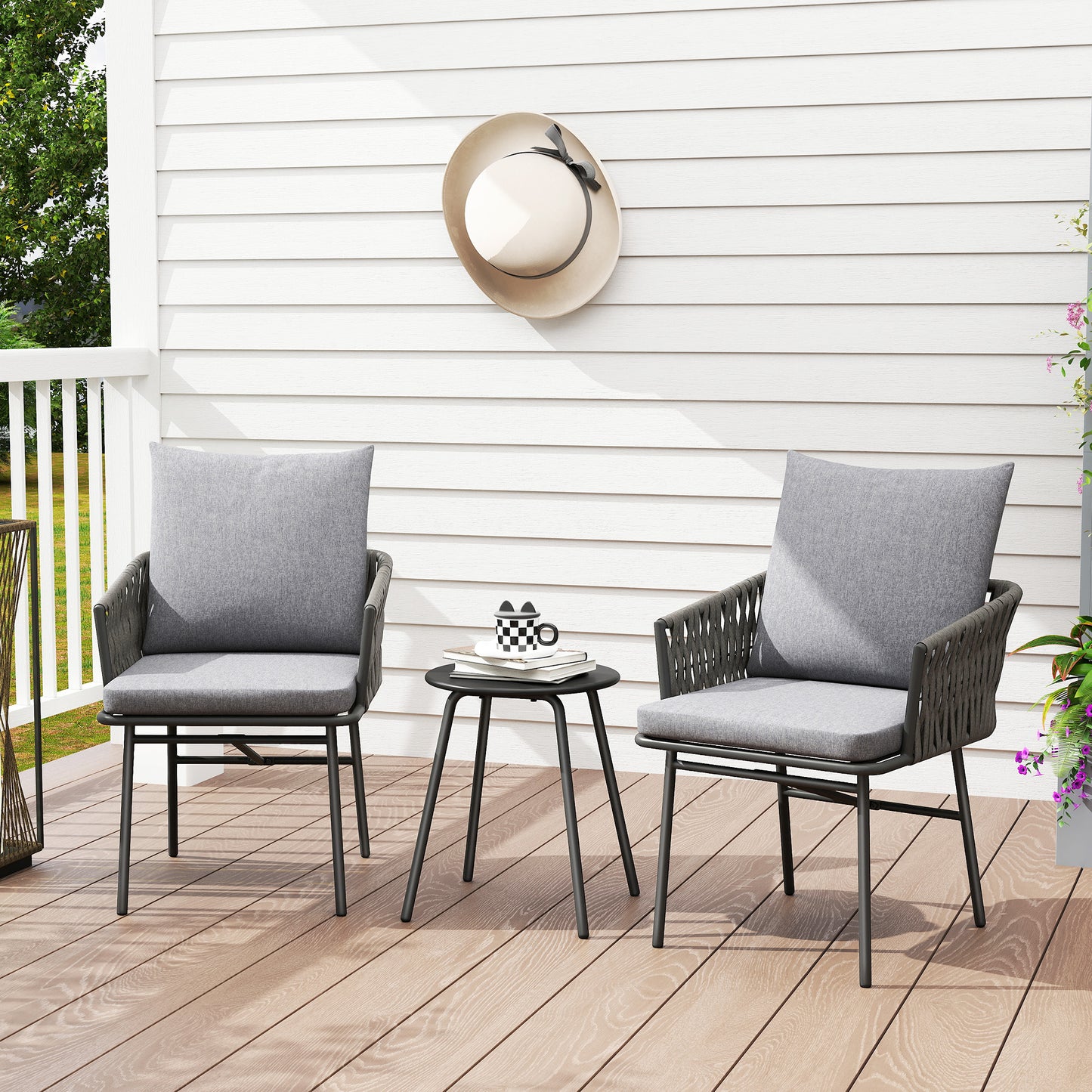 Rattan Bistro Set, Balcony Table and Chairs with 4 Cushions, Grey