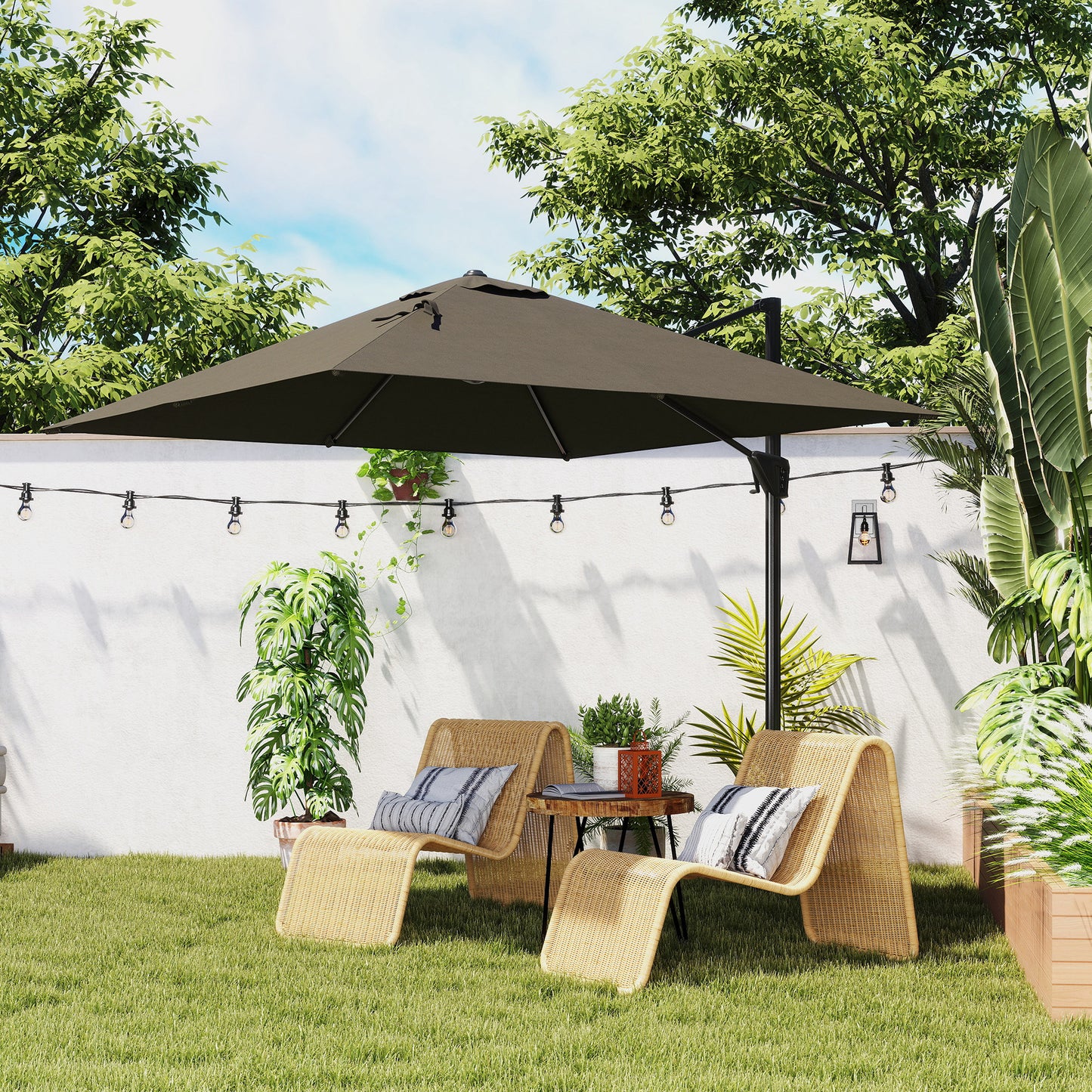 Square Cantilever Roma Parasol 360 Degree Rotation Hand Crank, Tan