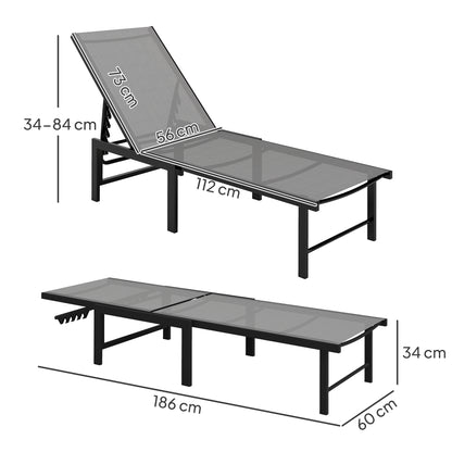 Sun Loungers Set of 2, 5-Level Reclining Sunbeds, Grey