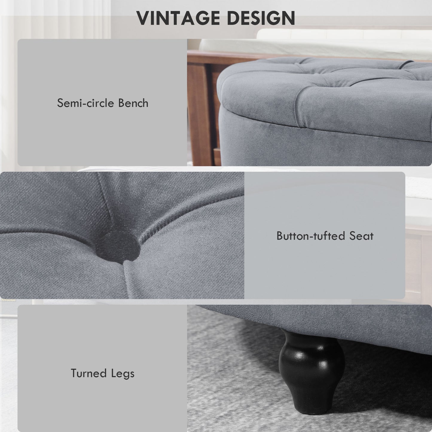 Semi-Circle Storage Ottoman Bench Tufted Upholstered Grey